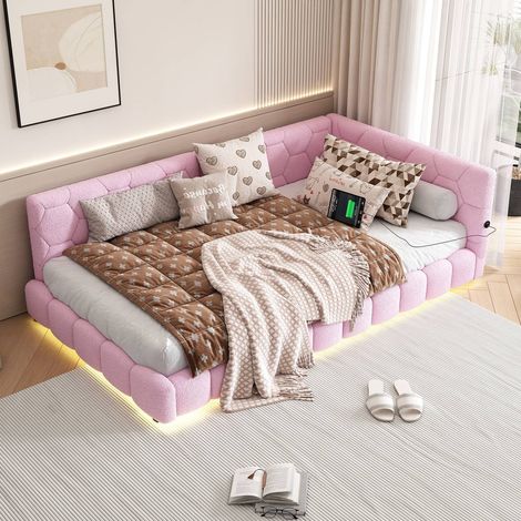 Canapé-lit 90x200 cm avec sommier, 16 couleurs d’éclairage ambiant, USB et Type-C – lit confortable en velours rose (1/5)