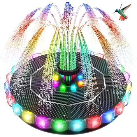 Fontaine Solaire LED Colorées, 3.5W Extérieur Flottante Pompe Bassin Solaire, 2000mAh Batterie, Fontaine Solaire Verre avec 7 Buses & 4 Tiges Fixes pour Bain d'oiseaux (1/5)