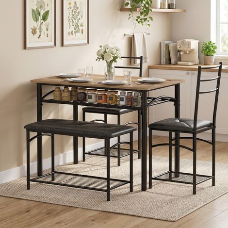 Ensemble salle à manger 4 pièces, table cuisine industrielle avec 2 chaises et banc pour 4 convives, sièges rembourrés en cuir PU, brun (1/5)