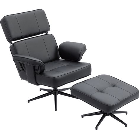 Fauteuil inclinable réglable avec repose-pieds, couvre-cuir synthétique, appuie-tête à hauteur réglable, base métallique, noir