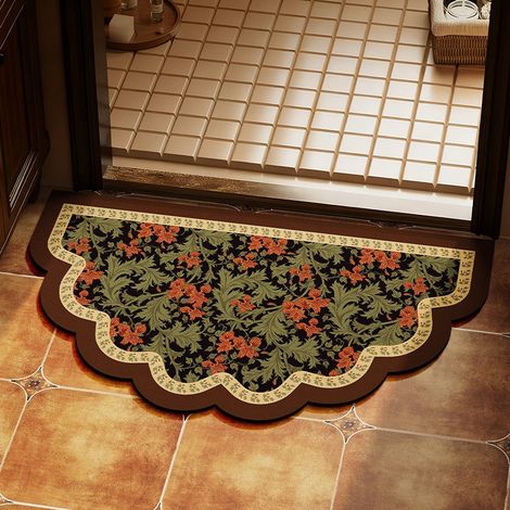Tapis de bain diatomite 50×80 cm, grandes fleurs orangées feuillage vert fond noir, bord festonné ondulé, séchage rapide, antidérapant, lavable à la main (1/4)