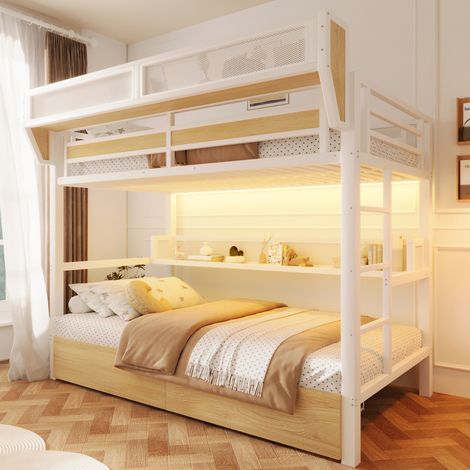 Lit superposé 90 x 200 cm avec étagère, panier de rangement, 2 tiroirs métal et éclairage LED, sans matelas, MDF et métal, Blanc (1/5)