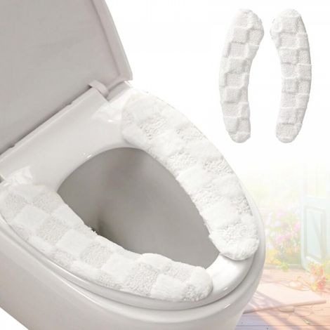 1 paire Housse de siège de toilette épaisse et chaude en peluche – Coussin lavable et réutilisable avec motif à carreaux (blanc) (1/5)