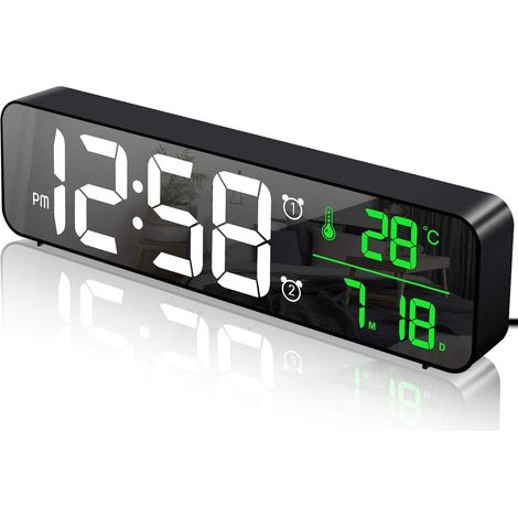 Digitaler Wecker, Wanduhr Morgenwecker LED Digitaler Großbildspiegel mit Temperaturdatum, 2 Alarme, 40 Musik, 6 dimmbare Helligkeiten, USB-Uhr für Home Office, Schwarz-Nazalus (1/5)