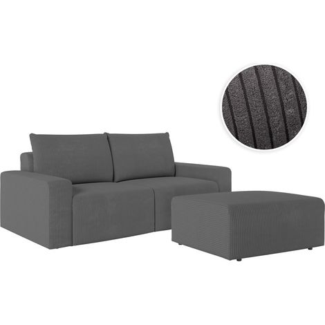 PACK - Canapé droit fixe 2 places ROMANE avec pouf en velours côtelé - Gris (1/5)