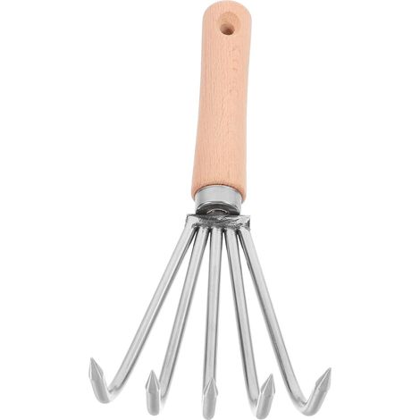 Ancinho De Jardim Manual Pequeno De 5 Dentes Em Aço Inoxidável Com Cabo Curto De Madeira Branca. (1/5)