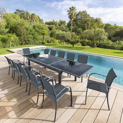 Hesperide – Table de jardin extensible rectangulaire en verre 8/12 places – Plateau en verre trempé – Structure en aluminium époxy – Pieds réglables (1/8)