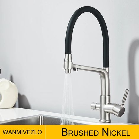 Robinet de cuisine en nickel brossé avec douchette extractible, mitigeur rotatif à 360°, montage sur plage, eau filtrée, eau chaude et froide. (1/5)