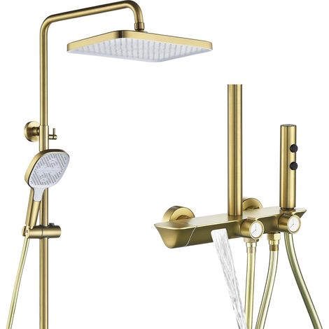 Colonne de Douche Thermostatique avec Mitigeur, Ensemble Système de Douche avec Pommeau de Douche 3222cm, Douche à Main 3 Jets, Douchette WC, Robinet de Baignoire Cascade, Hauteur Réglable, Or Brossé (1/5)