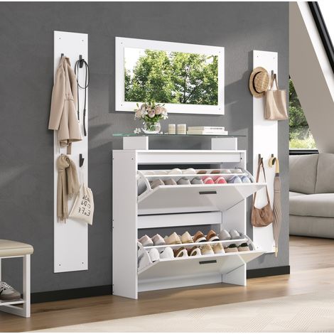 Mobile da ingresso portascarpe 4 pezzi con specchio, 8 ganci, ripiani in vetro, bianco OKMYHOME (1/5)