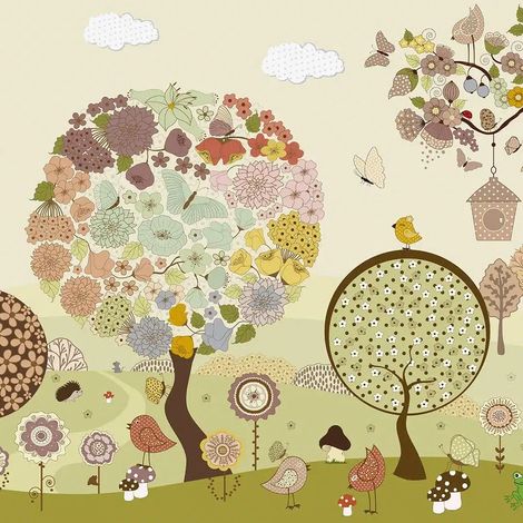 papier peint panoramique fleurs et oiseaux vert, marron et jaune - Sanders & Sanders (1/5)