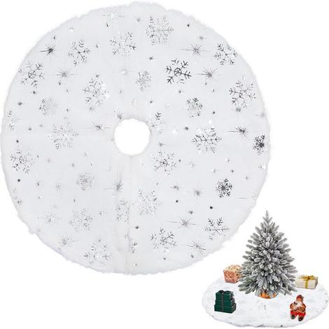 Mini jupe de sapin blanche, tapis de sapin rond blanc, 38 cm/15 pouces, décoratif, flocons de neige argentés (1/5)