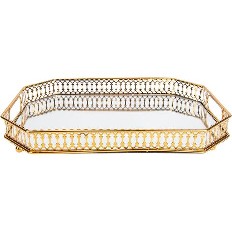 Plateau Miroir Décoratif en Métal Doré, Petit Plateau Rectangulaire Socle en Verre Miroir, Support Multifonction pour Bijoux, Parfums et Cosmétiques, pour Chambre et Coiffeuse (1/5)