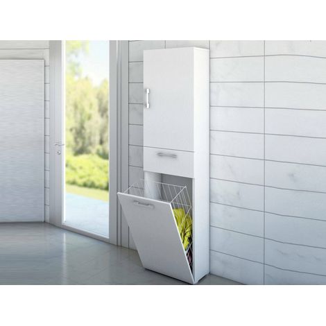 Dmora Mehrzweckschrank Escolzia, Linearer Wäscheschrank mit 2 Türen, Badezimmersäule mit Wäschekorb, 100% Made in Italy, Cm 45x32h195, Weiß (1/5)