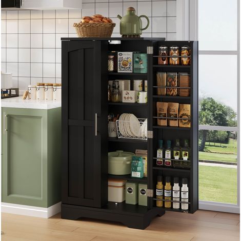 Credenza da cucina 60x40x120,5 cm in MDF con illuminazione LED, 2 ante, ripiani regolabili e vani portaoggetti, nera (1/5)