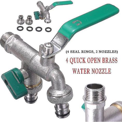 Gartenwasserhahn mit zwei Auslässen (1/2" / 3/4"), aus frostbeständigem Messing, für den Anschluss von Gartenschlauch und Wassertank, grün (1/5)