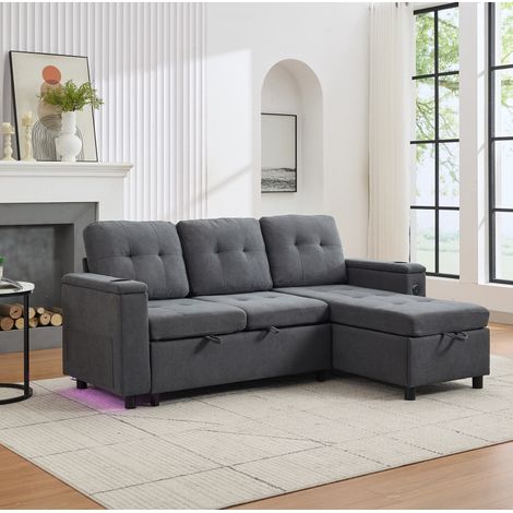 Divano letto angolare 208x146x89.5 cm grigio in tessuto con contenitore, LED, USB-C e portabicchieri (1/5)