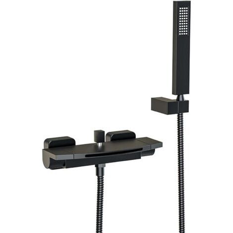 QORVA-Robinet de Baignoire Cascade Thermostatique avec Douchette Robinet mitigeur Laiton Robinet Douche Montage Muralavec Douche Chaud Et Froid Noir (1/5)