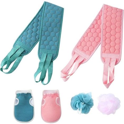 Gant exfoliant,6 Pcs Gratte-dos pour Douche et Bain,Ensembles de bandes de bain arrière 3 en 1 avec boules de douche,gants de bain