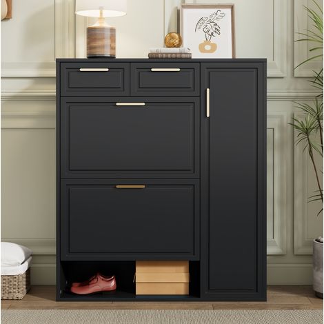 Scarpiera in MDF e truciolare nera 95x24x107 cm con 2 cassetti, ripiani regolabili e vani aperti (1/5)