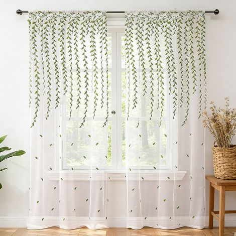 ROSNEK Rideau Voilage Extérieur Brodé Feuilles Anti-Moustique Passe-Tringle 140x260cm Blanc (Lot de 2)
