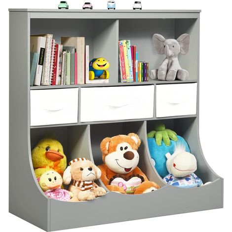 COSTWAY Libreria Contenitore per Bambini, con Ripiani e Cassetti, per Camera dei Bambini, 93 x 40 x 94 cm (Grigio) (1/5)