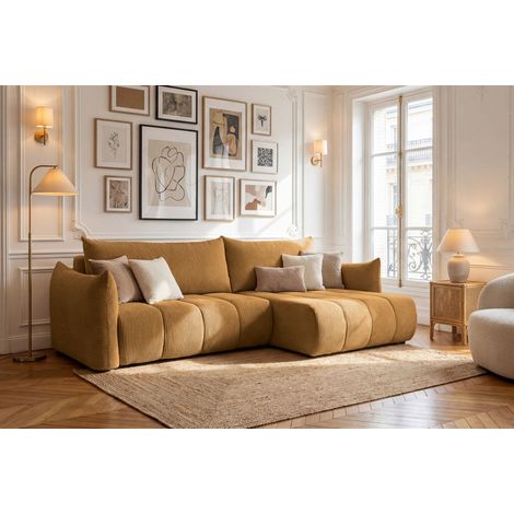 Ecksofa Schlafsofa ONTARIO in Stoff Poso Senfgelb Ottomane Rechts