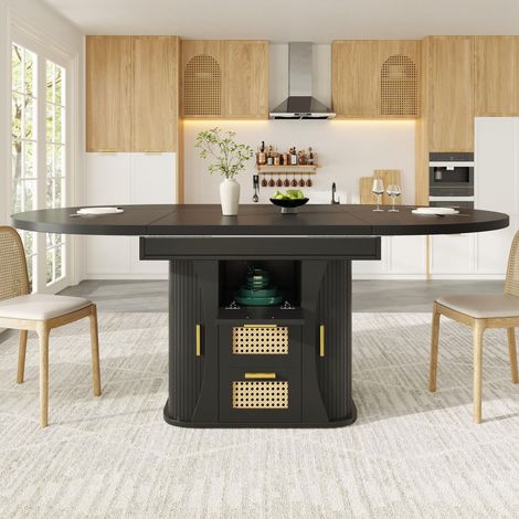 Table à manger extensible avec rangement 118-158 cm,tiroirs effet rotin,gain de place,MDF effet bois,noir,naturel et brun (1/5)