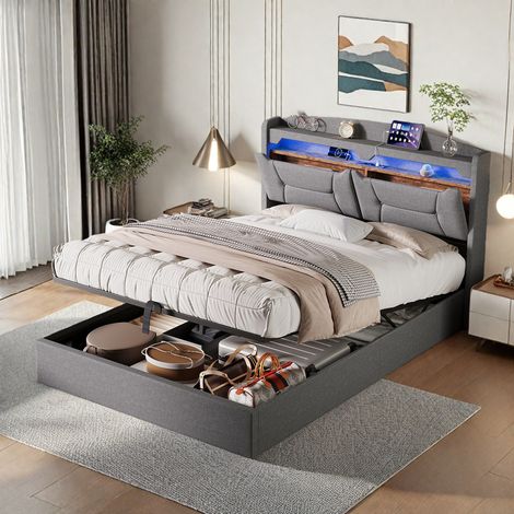Lit double 140 x 200 avec sommier - Lit adulte avec bandeau lumineux LED - Tête de lit avec plusieurs espaces de rangement - Ports USB et Type-C - Lin gris (1/5)
