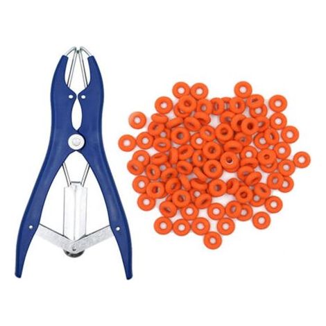 Flexible, elastic steel castration clamp for cattle, pigs and sheep, strap, 100 rubber rings, 21.5 cm, blue (1/5)