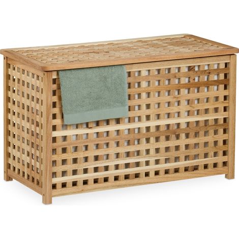 Relaxdays Cesto Ropa Sucia, Saco Interior Extraíble, 90 L, 47 x 78 x 48 cm, Arcón Colada con Tapa, Madera Nogal, Natural