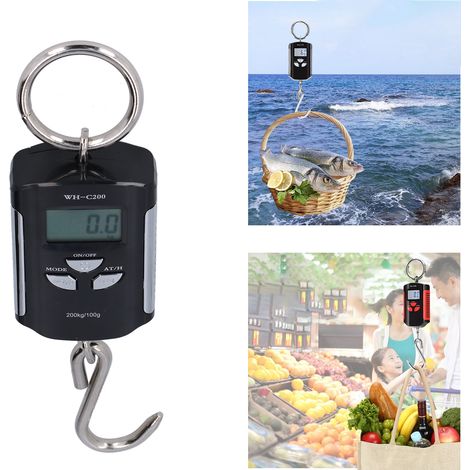 Balance électronique portable grande capacité 200 kg avec crochet, rétroéclairage haute définition, coloris argent et noir. (1/5)