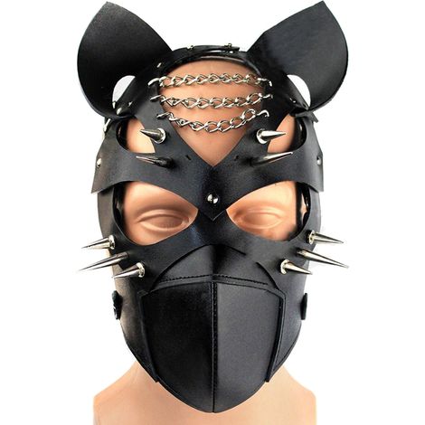 Masque chien Halloween cuir PU, masque intégral animal oreilles longs rivets chaîne pour déguisement cosplay fête. (1/5)