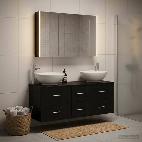 Ensemble meuble salle de bain mural 4 pièces chêne noir avec miroir LED USB lavabo robinet grand rangement (1/5)