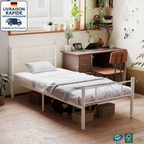 Lit simple 90x200 cm, cadre de lit - hauteur 88 cm, pour chambre ou chambre d'amis, blanc (1/5)