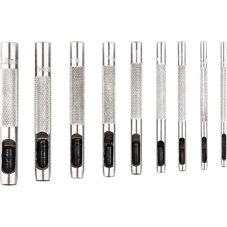 BRAVIX Lot de 9 poinçons creux en acier de 2,5 à 10 mm pour le cuir, pour montres, tissus, ceintures, joints avec sac de rangement (1/5)