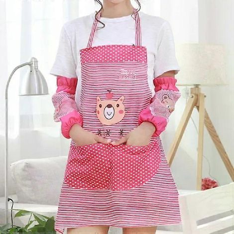 Tablier de cuisine rose résistant à l'huile, motif ours en dessin animé, avec manches longues (1/5)