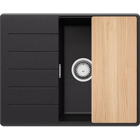 PRIMAGRAN Evier Cuisine en Granit 62x50cm, Lavabo 1 bac + Kit de Vidage + Planche à Découper, Évier à Encastrer au meuble 45cm - Copenhague, Noir Métallisé