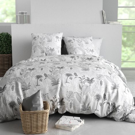 Parure housse de couette 260x240cm + 2 taies motif feuillage palmier blanc et noir 100% coton - JOSSELIN (1/4)