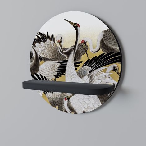 JAPANESE FLOCK OF CRANES Rundes Regal Schwarz (1/5)