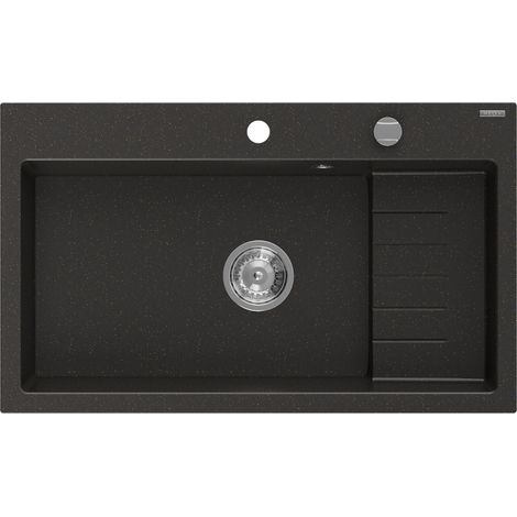Mexen Omar évier en granit 1 bac 800 x 480 mm, noir/doré métallisé, siphon chromé - 6520801005-75 (1/5)