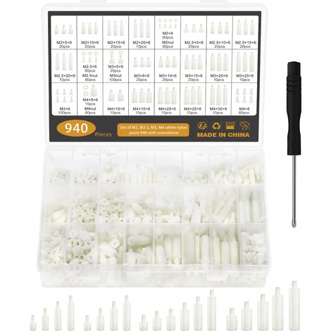 940 Pièces Standoff Vis Nylon, M2 M2,5 M3 M4 Entretoise Écrou Vis Mâle, Blanc Standoff Écrous Entretoise Nylon pour Carte Mère Réparation, avec Tournevis (1/5)