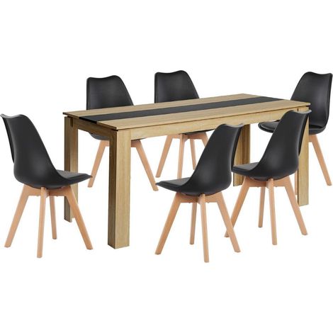 Essgruppe Esstisch 160cm Eiche-Schwarz mit 6 schwarzen Stühlen (1/5)
