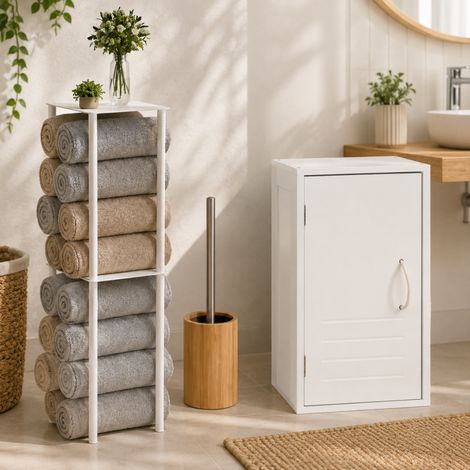 Wandmontiertes Bad-Aufbewahrungsset (3-teilig) – Weißer Schrank, Handtuchhalter mit Ablage & Silikonbürste (1/5)