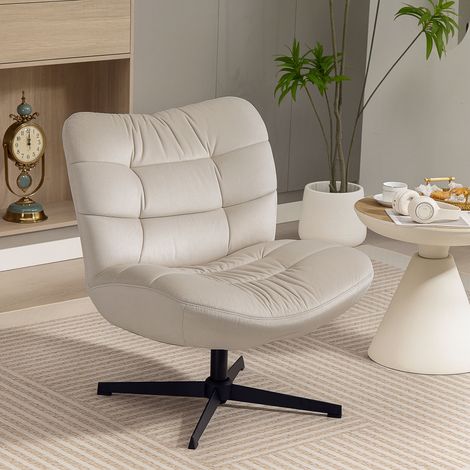Fauteuil de salon pivotant, chaise rembourrée en chenille sans accoudoirs, assise et dossier larges, 70x80x82cm, crème