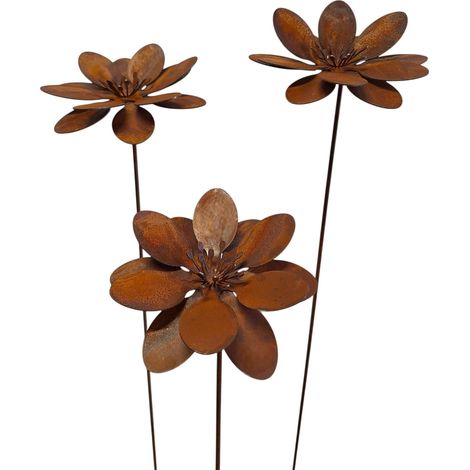Piques de jardin en métal, motif floral, décoration rouillée pour pot de jardin. Piques naturelles rouillées, 3 fleurs. (1/2)