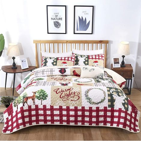 Weihnachts-Tagesdecke 240 x 220 cm, Hirsch- und Tannenbaummuster, leichte Mikrofaser, 3-teiliges Set