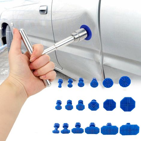 Kit de Réparation de Bosses pour Voiture,Kit Débosselage sans Peinture,Kit de Debosselage Carrosserie avec 18 Ventouses Bleu et Marteau de Barre en T (1/5)