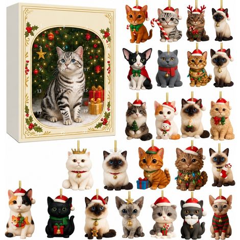 Calendrier de l'Avent de Noël, boîte surprise, amoureux des chats, 24 pendentifs en acrylique, décoration de sapin, boîte surprise H (GJ507-008) (1/5)
