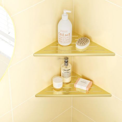 Étagère d'angle à 90° en Acier Inoxydable, Porte Savons Douche Triangulaire pour Mur Carrelé, Rangement de Salle de Bain Aucune perceuse requise, Lot de 2, 25CM, Doré Brossé